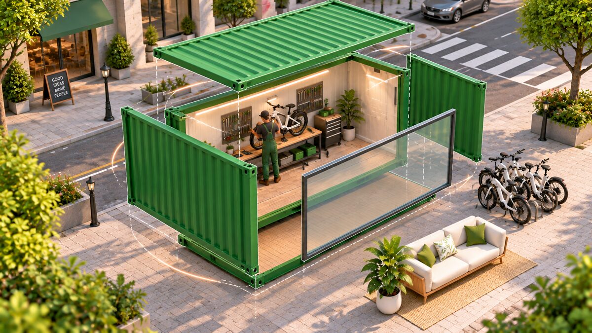 Estrutura modular do container Concerta Bikes antes da montagem