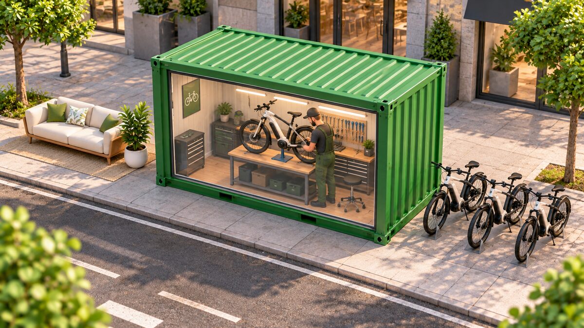 Container Concerta Bikes montado e fechado, com oficina completa em funcionamento