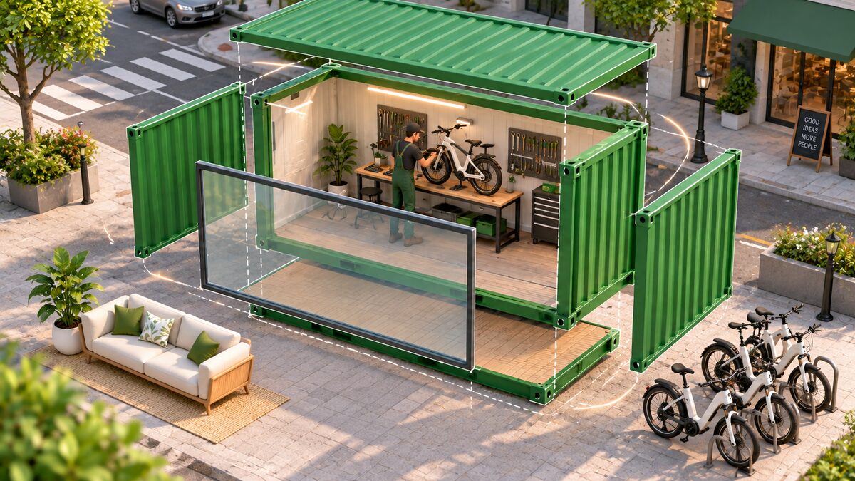 Container volta.i montado, pronto para operar como oficina de bicicletas elétricas