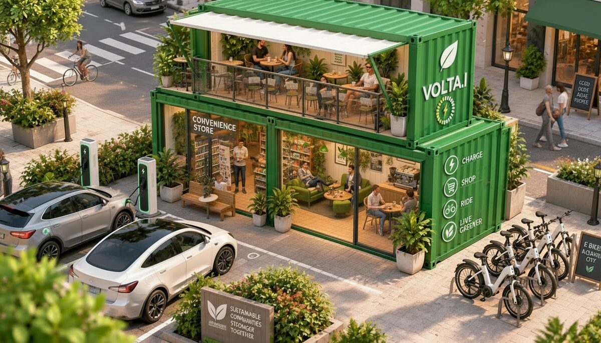 Ecoposto volta.i montado, com loja de conveniência, café no rooftop e carregadores elétricos