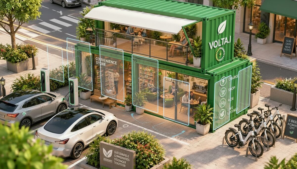 Ecoposto volta.i em transição de montagem, com painéis se encaixando