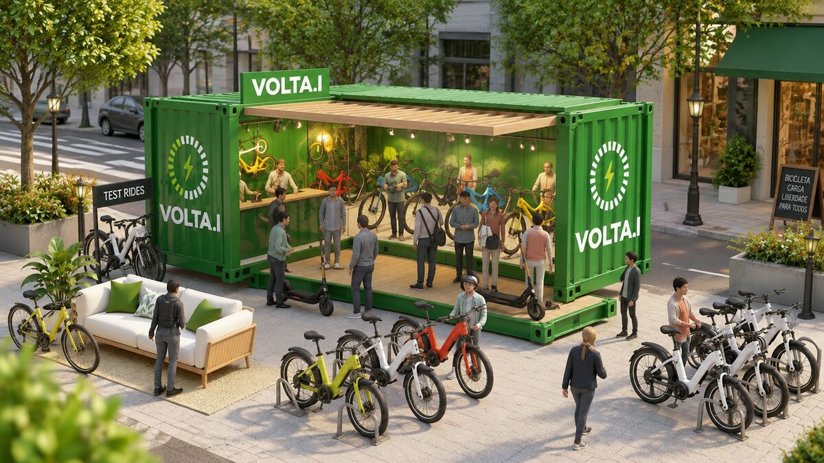 Loja de Bicicletas volta.i montada e em funcionamento, com bicicletas elétricas em exposição e clientes testando os modelos