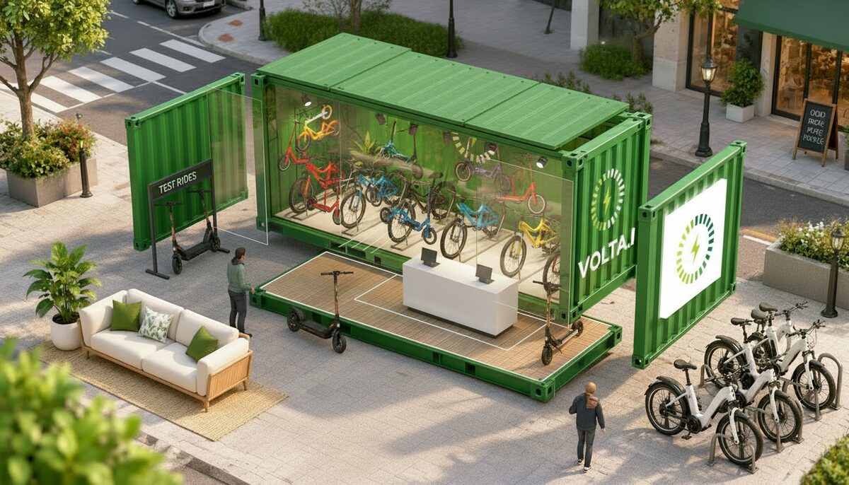Loja de Bicicletas volta.i em transição de montagem, com painéis se encaixando